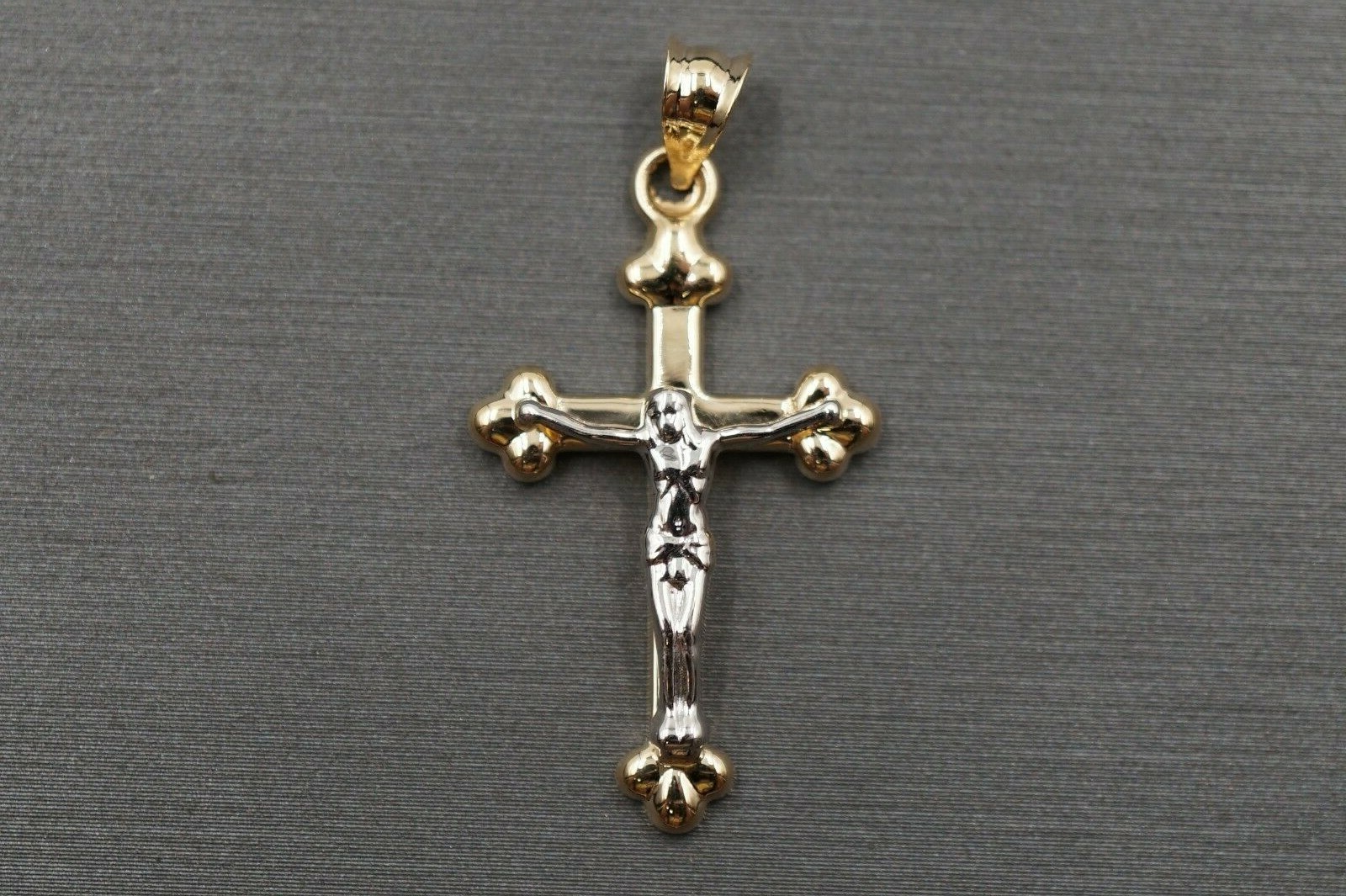 14K Solid Yellow Gold 1.25″ Two Tone Crucifix Cross Charm Pendant.