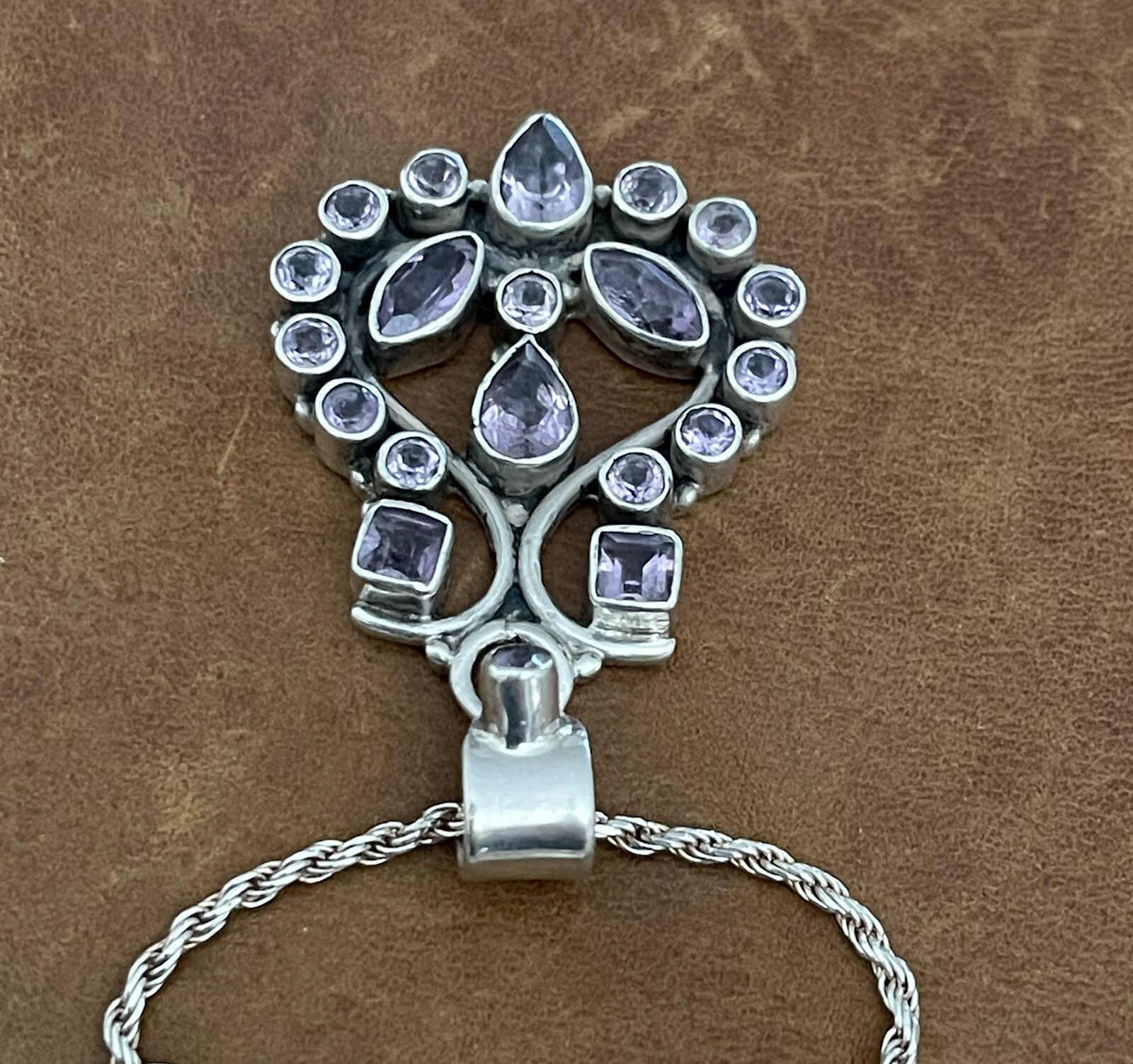 Vintage Amethyst Cluster Pendant Twisted Rope Chain Sterling 925 Necklace 20” in