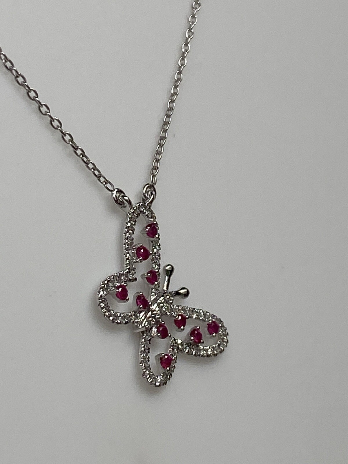 10K White Gold Natural Ruby and 0.20ct Diamond Butterfly Pendant and Chain NEW