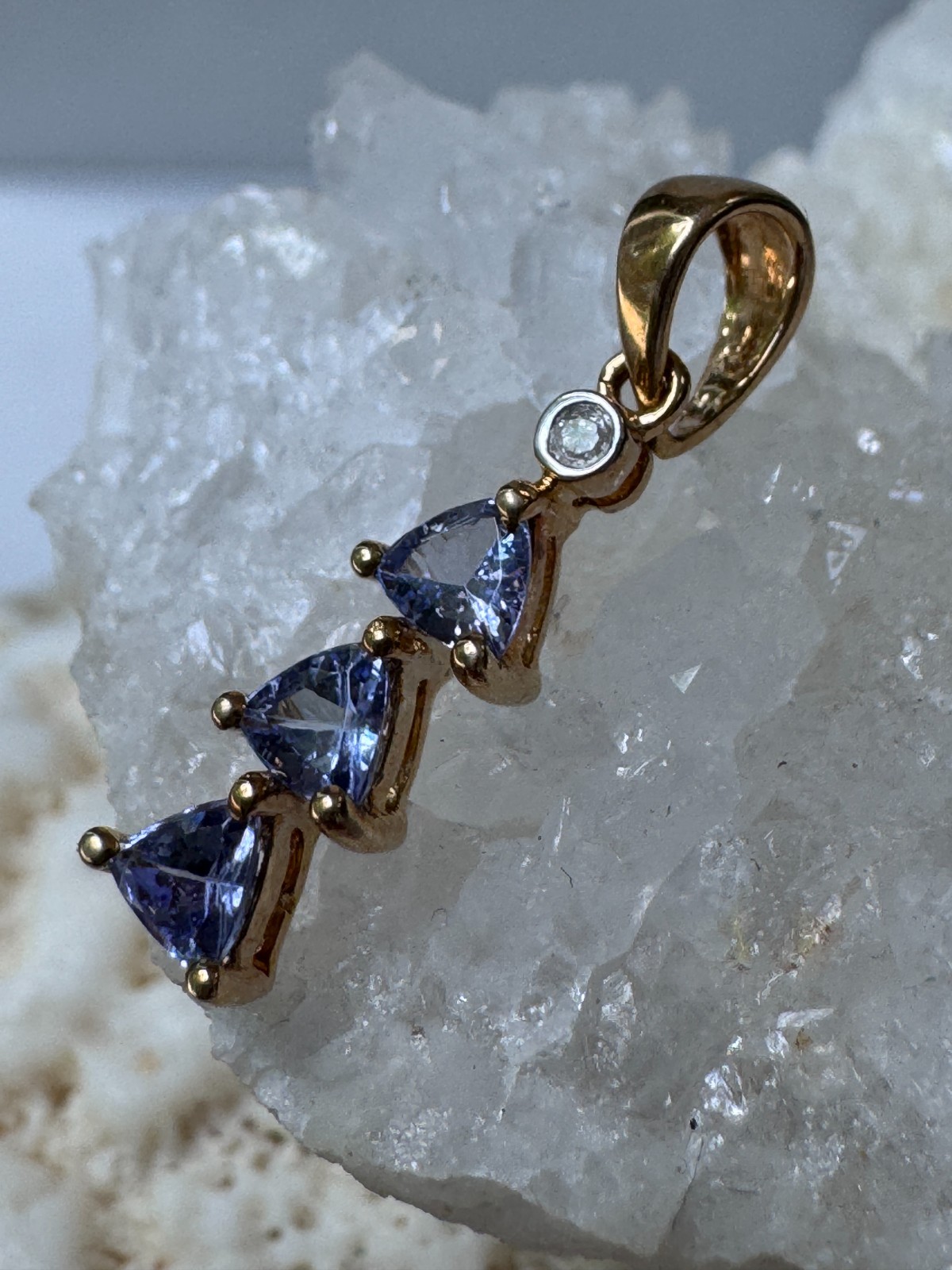 Estate 10K Yellow Gold 3 Stone Trillion Cut Tanzanite & Diamond Pendant, .7 G
