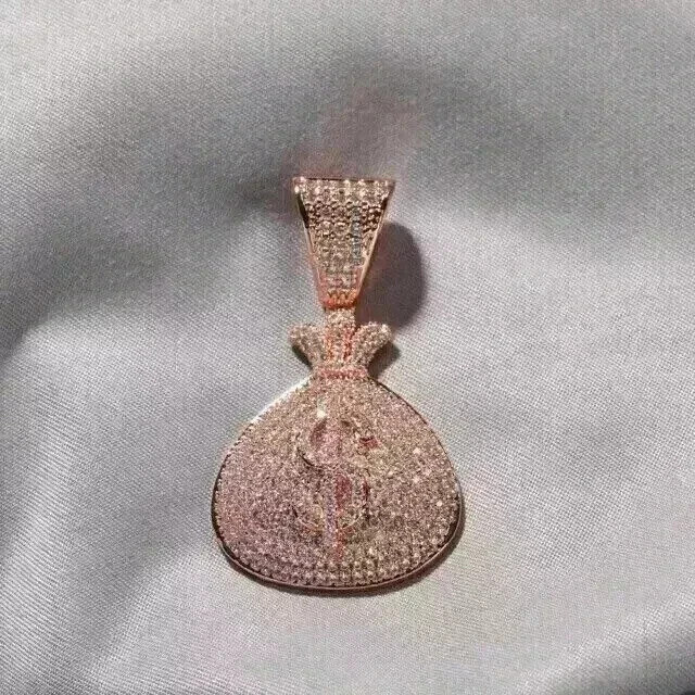 1.50Ct Round Cut Real Moissanite Custom Money Bag Pendant 14K Rose Gold Plated