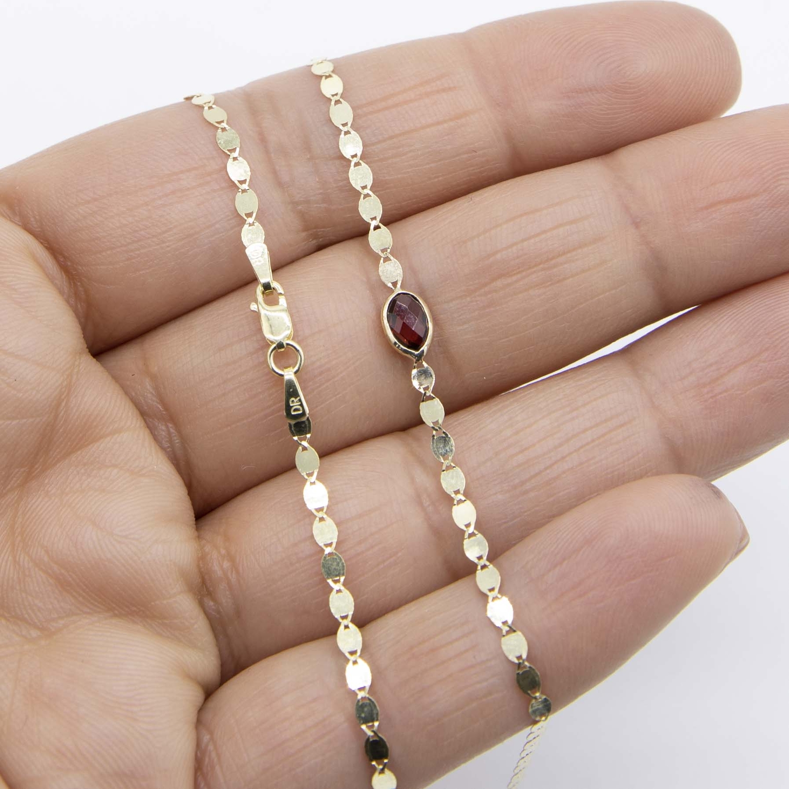Oval Garnet Shiny Mirror Chain Necklace Real 14K Yellow Gold 16.25″