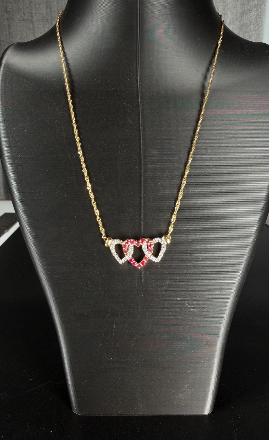 Vintage 14K Solid Gold Interlocking Triple Hearts Necklace Rubies Diamonds 17″