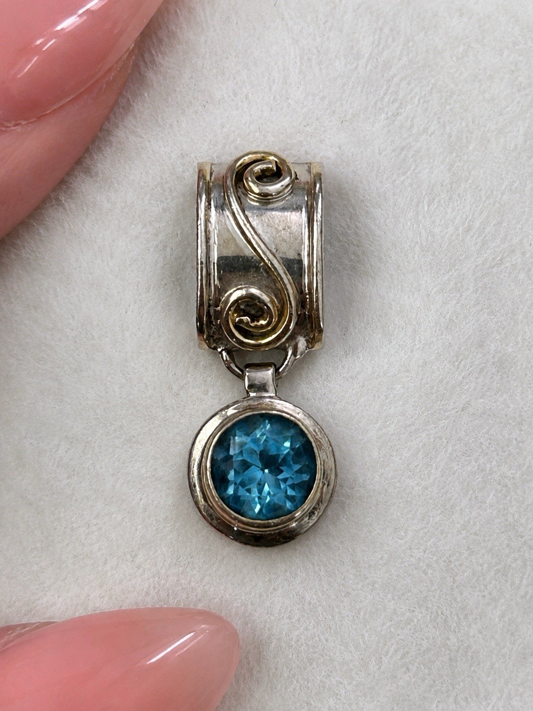 Sterling Silver Blue Topaz Pendant 925 Gold Accent Artisan Slide Pendant