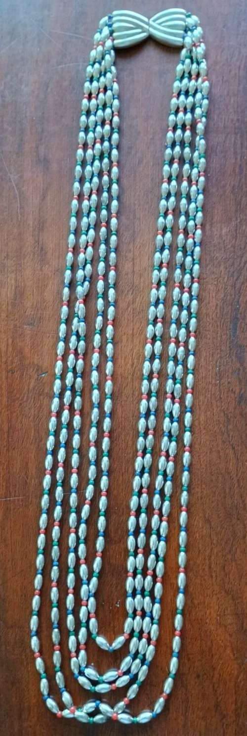 4.9 OZ. STERLING SILVER NECKLACE, WITH RED, GREEN, BLUE STONE BEADS, SIGNED NR