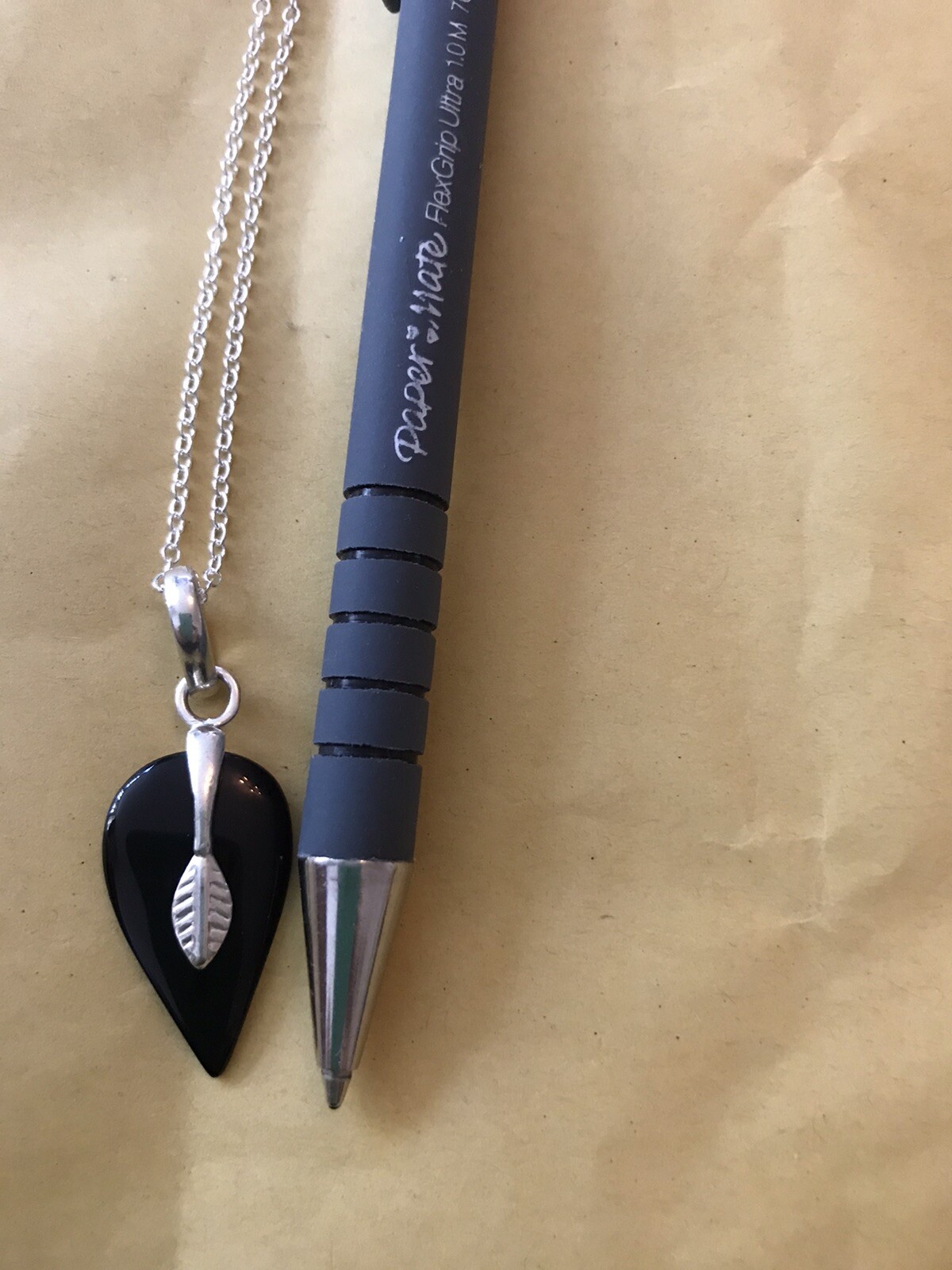 Black Onyx Modernist 925 Silver Pendant and Chain 20”.Leaf Design.UK SELLER.NEW