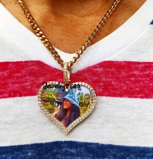 Men’s Personalized White Real Moissanite Heart Shape Photo Pendant FREE GIFT