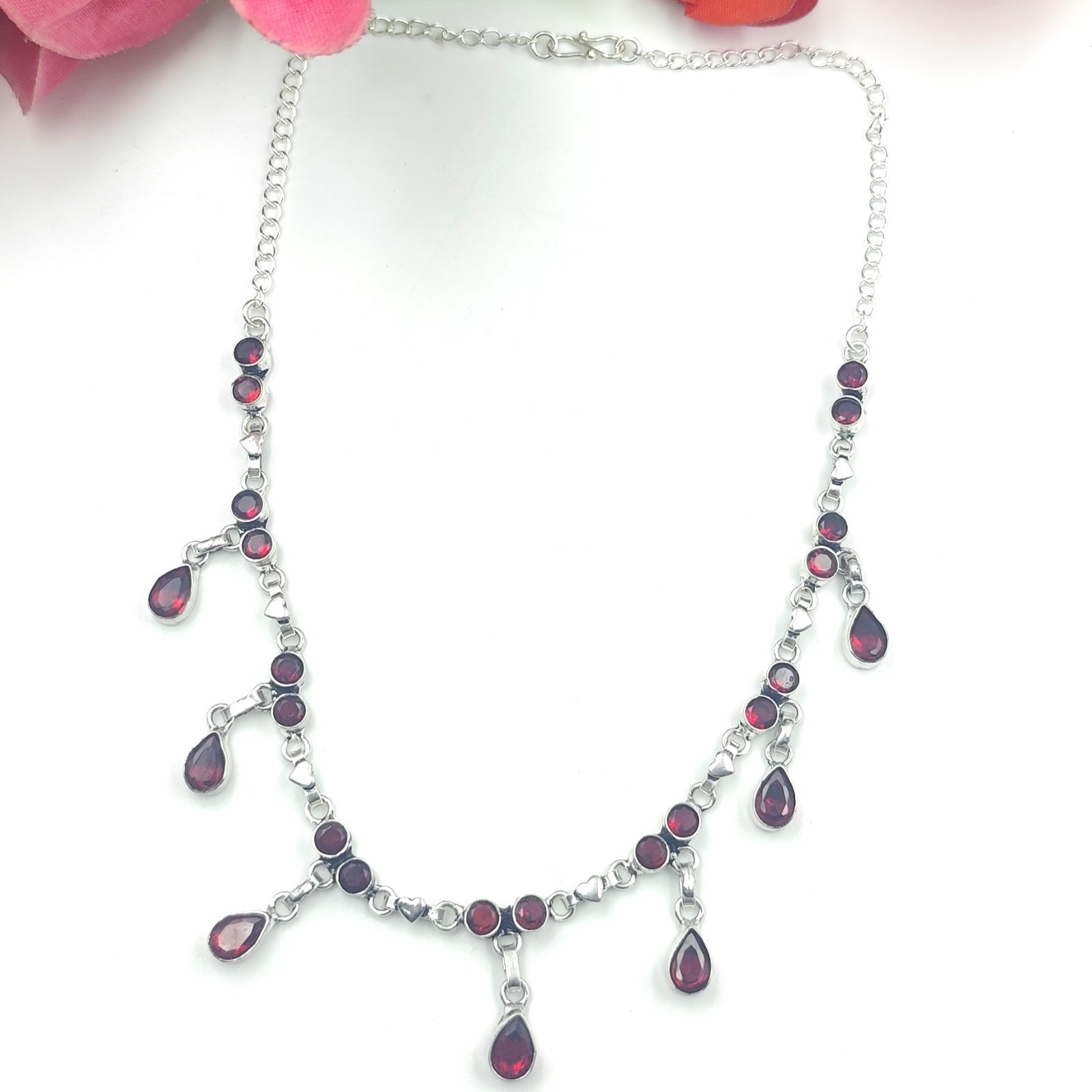 Red Garnet Gemstone Handmade 925 Sterling Silver Jewelry Necklace Size-17-18″