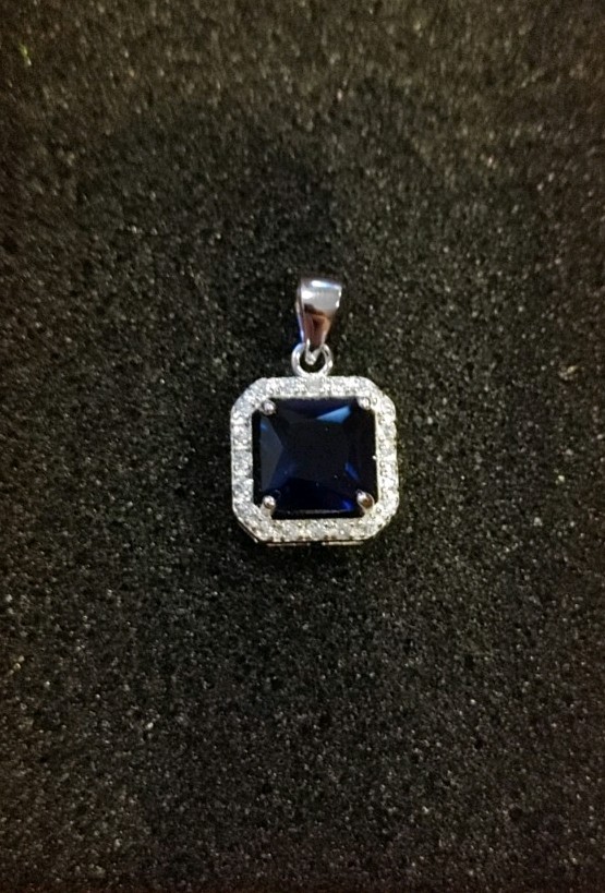 8CT Blue Sapphire Halo Diamond Princess Cut Pendant .925 SS