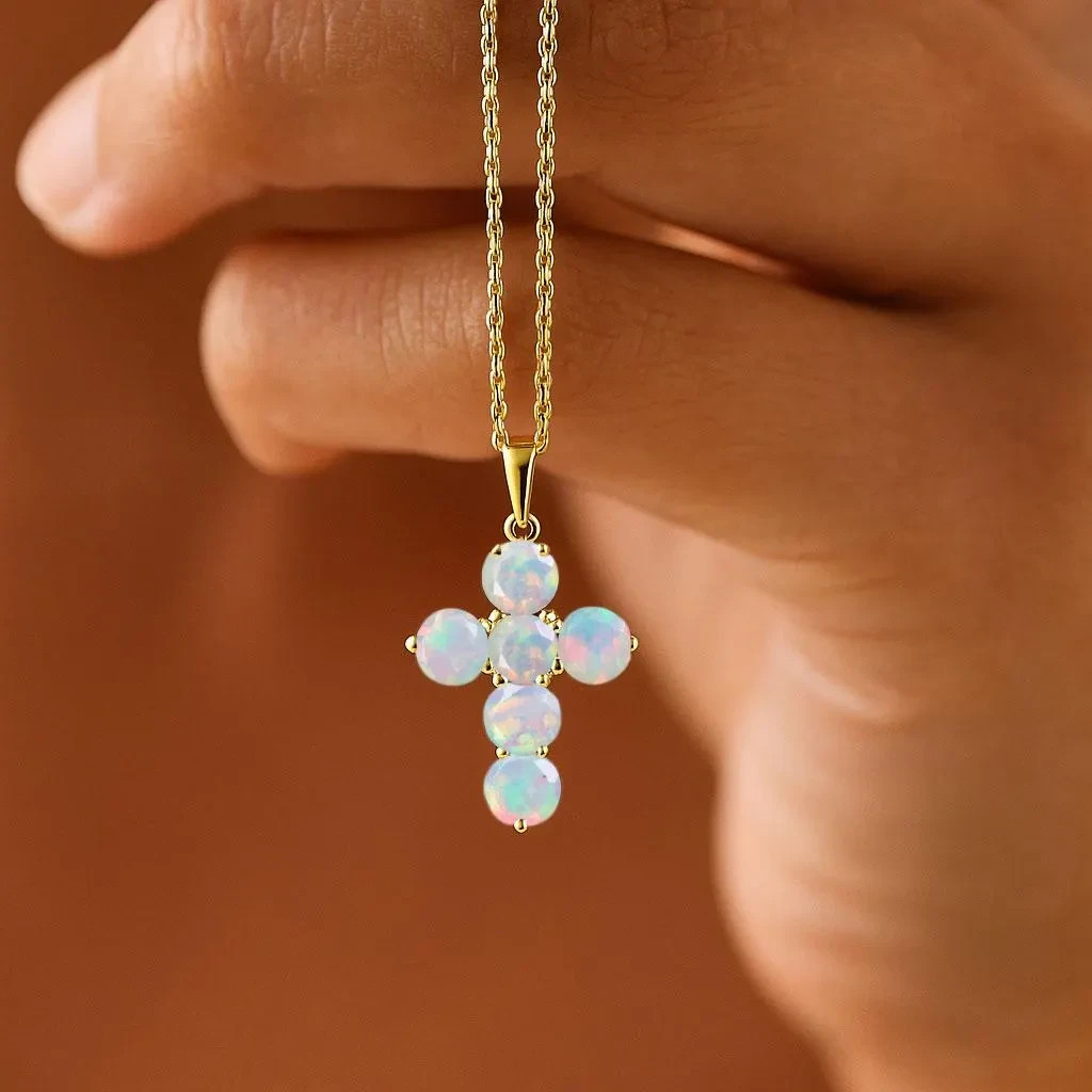 White Multifire Opal Gemstone Gold Cross Pendant, Ethiopian Opal Chain Pendant