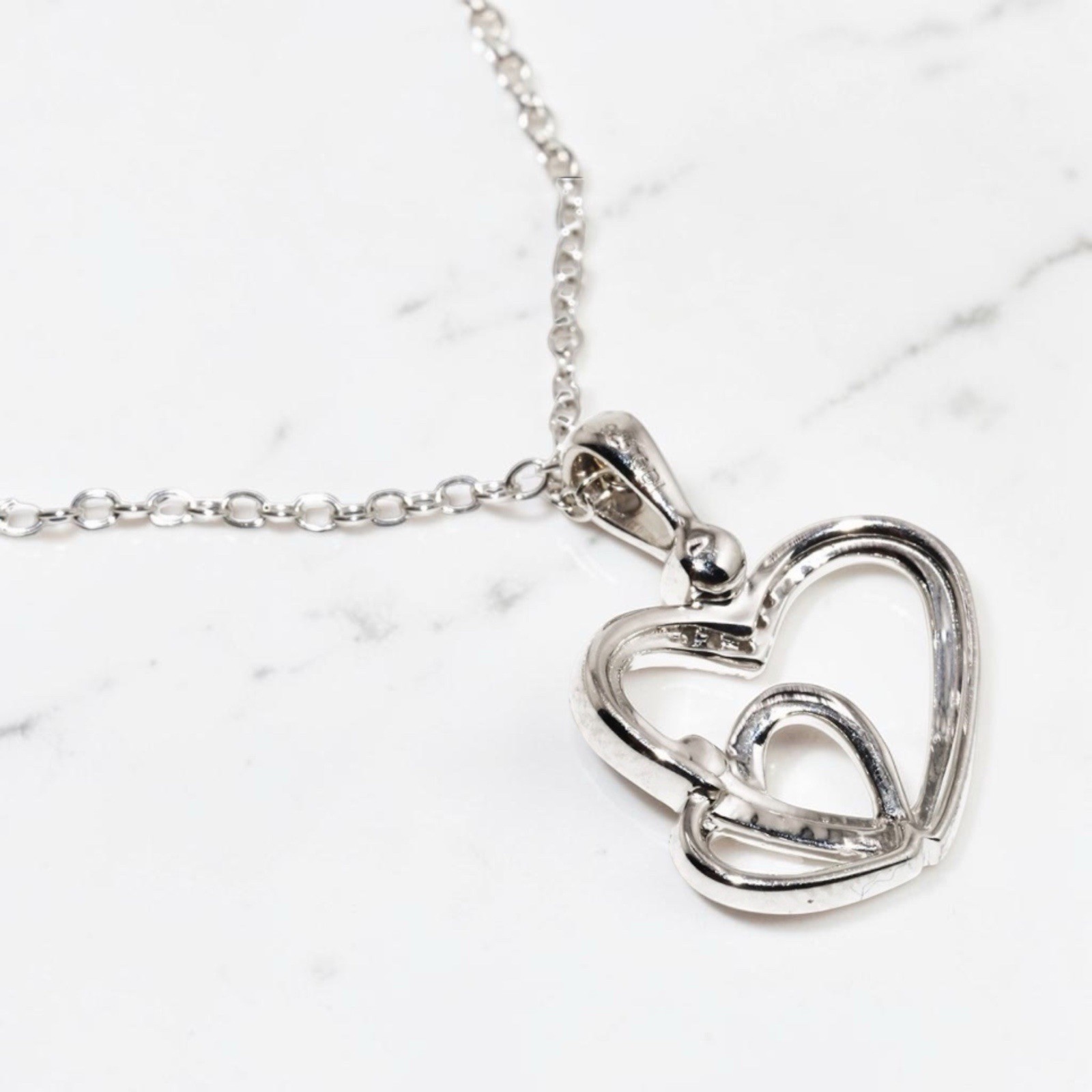 Sterling Silver Natural Diamond Interlocking Double Heart Necklace 18 inch NWT