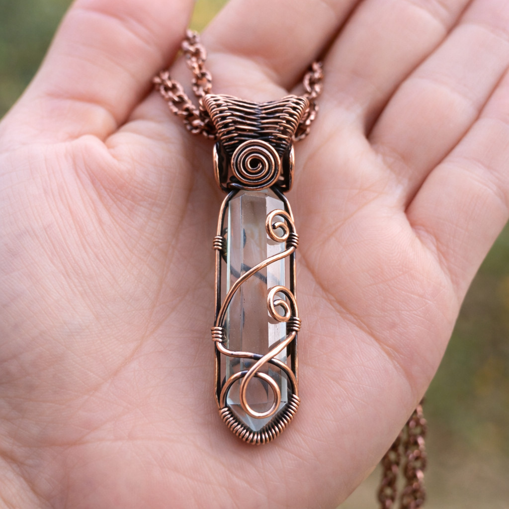 Handmade Clear Quartz Healing Crystal Necklace Copper Wire Wrapped Pendant