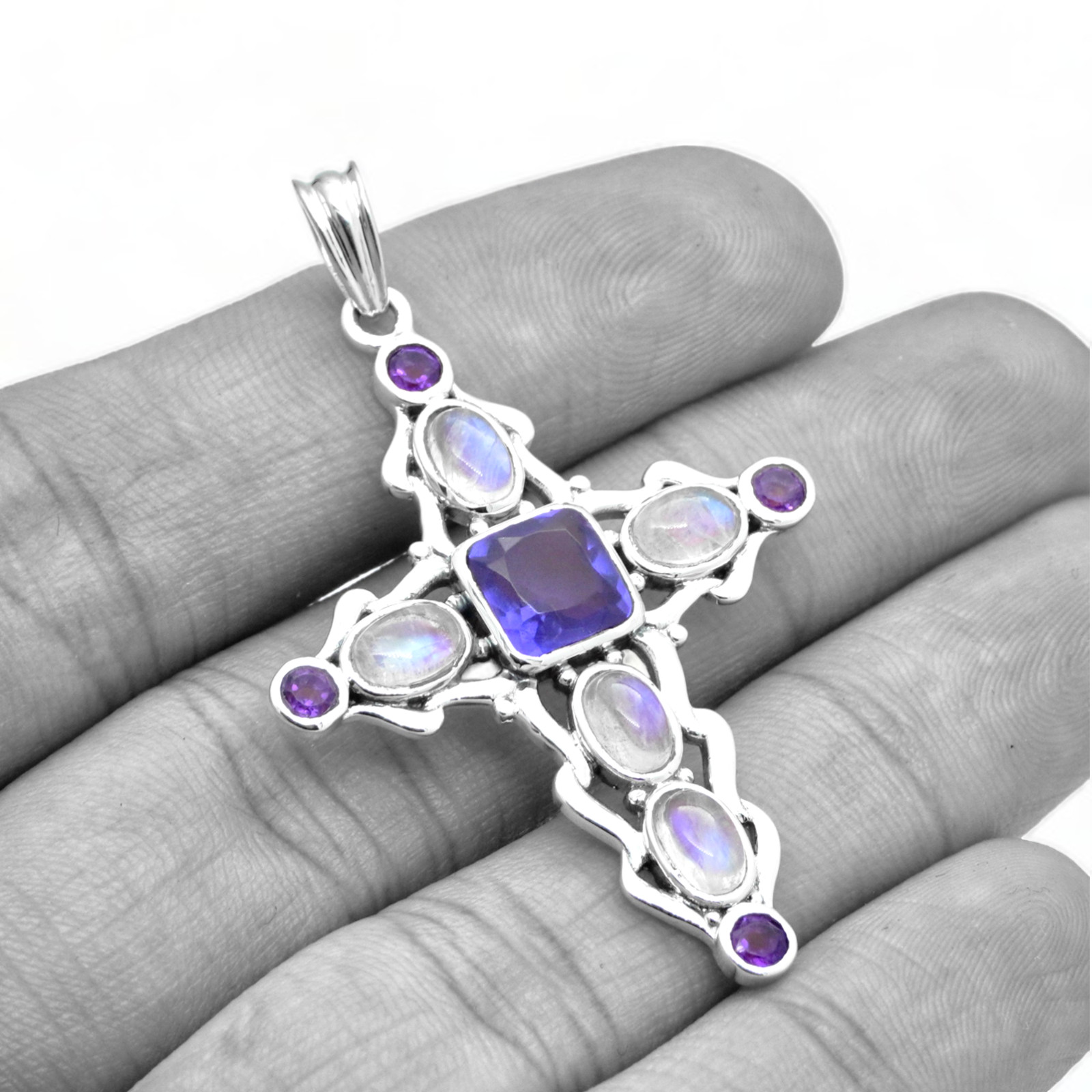 Amethyst And Moonstone Cross Pendant Sterling Silver 925 Christian Jewelry Gift