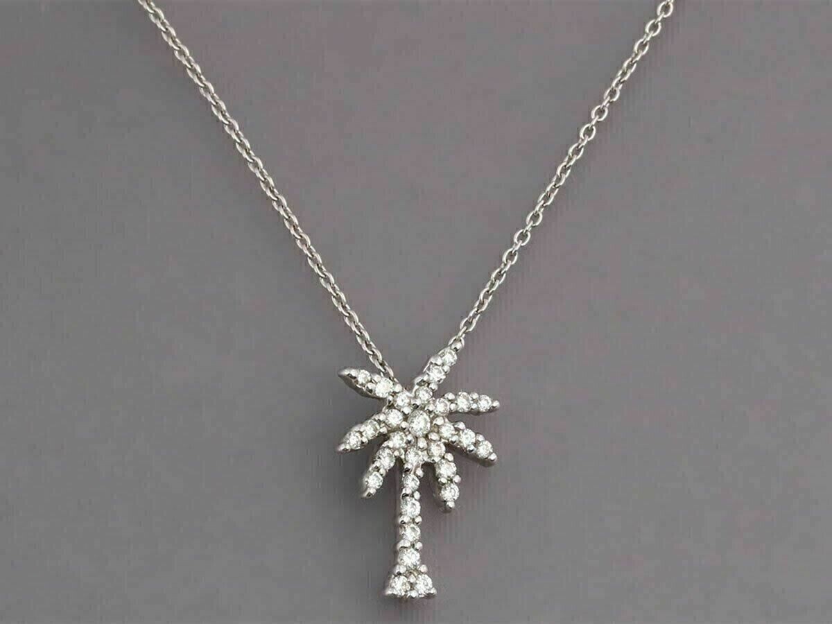 1.24ct Lab Created Diamond Palm Tree Shap Pendant Necklace 14K White Gold Plated