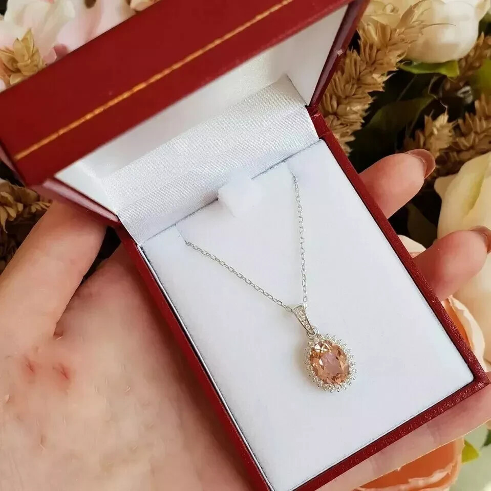 3 Carat Halo Peach Diamond Pendant With Free Chain 14K White Gold Finish