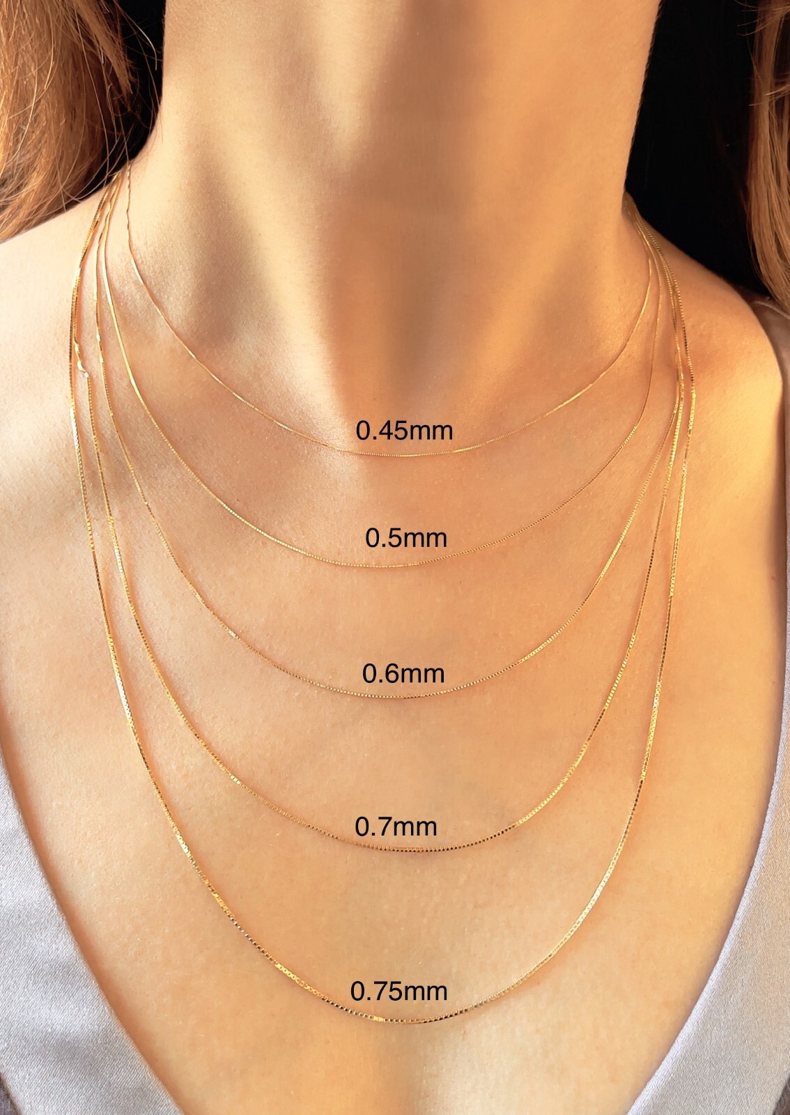 Square Box Chain 14K Solid Gold Diamond Cut 0.45-0.75mm Link Necklace Men Women