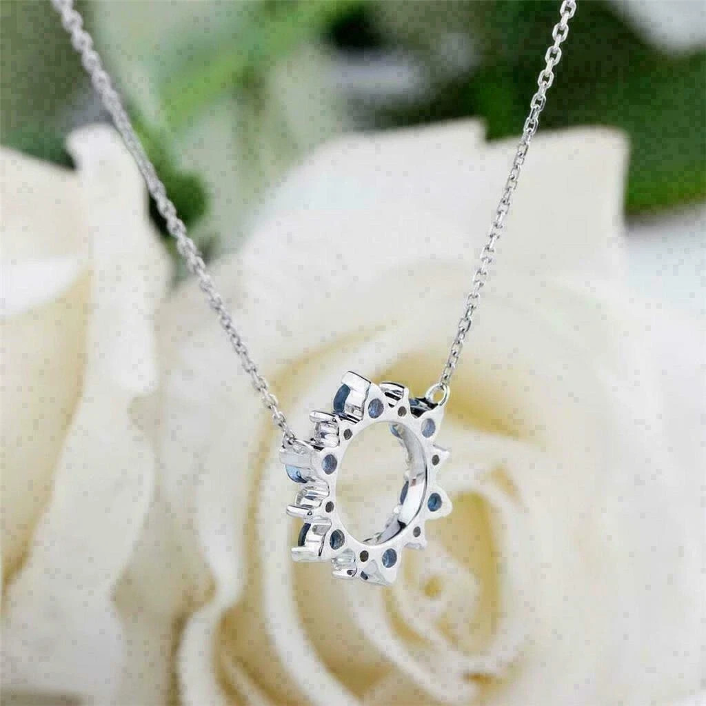 2Ct Round Cut Blue Sapphire & Diamond Pendant 14K White Gold Finish Free Chain