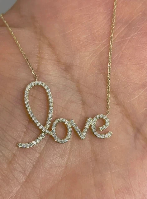 0.90Ct Round Cut Real Moissanite Love Pendant With Chain 14K Yellow Gold Plated