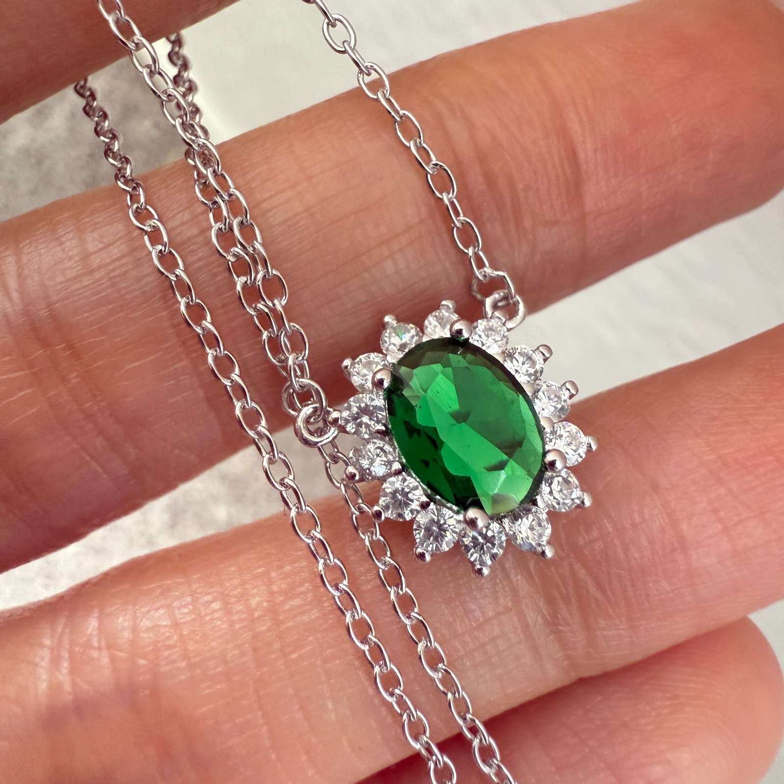 925 Sterling Silver Necklace 8x6mm Natural Emerald Zircon Flower Handmade Chain