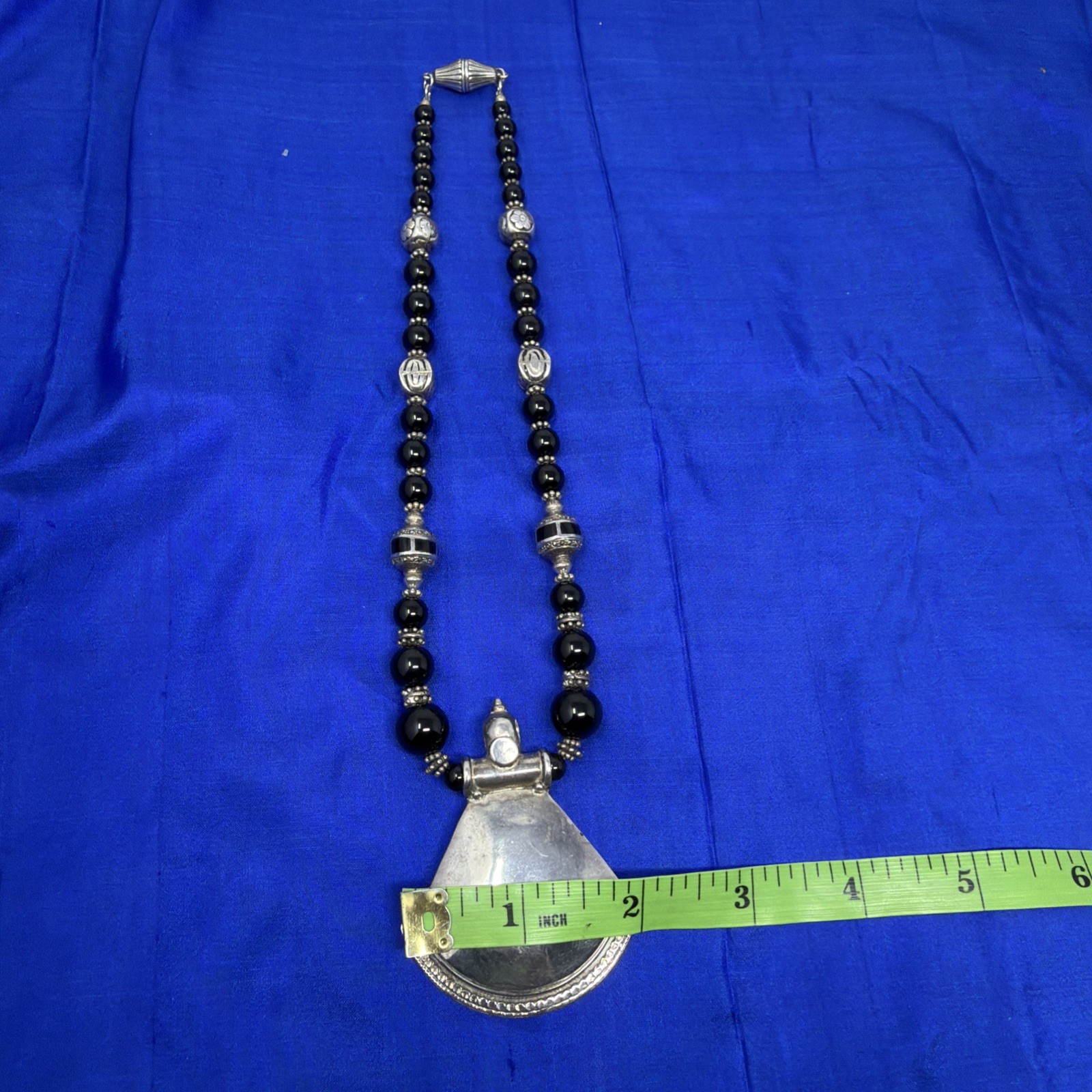 Sterling Silver 925 Black Onyx Beaded Bali Bead Necklace Large Pendant 17” 82.3g