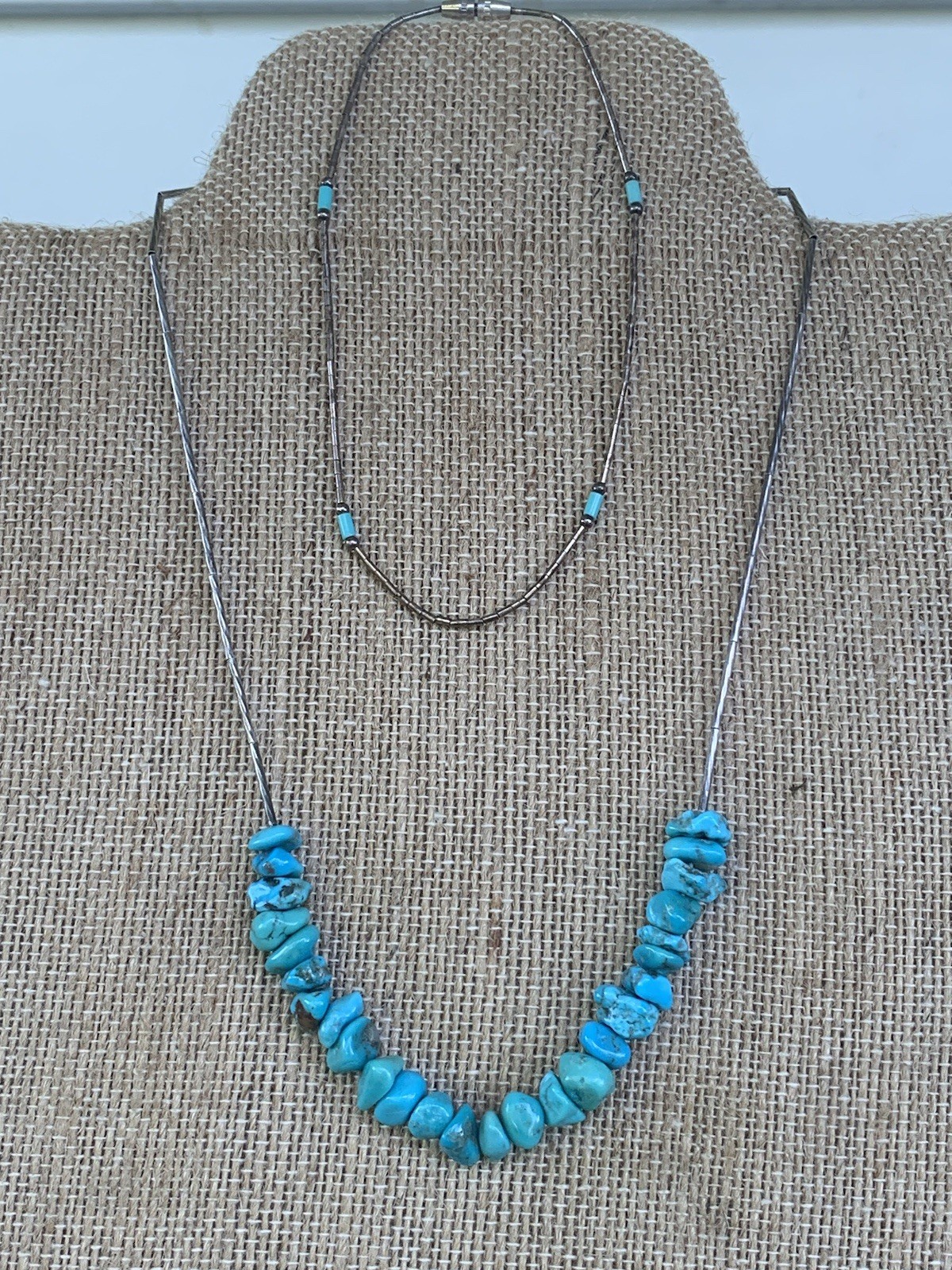 Vintage 925 liquid silver Turquoise Nuggets 16” necklace with 9.5” beaded Anklet