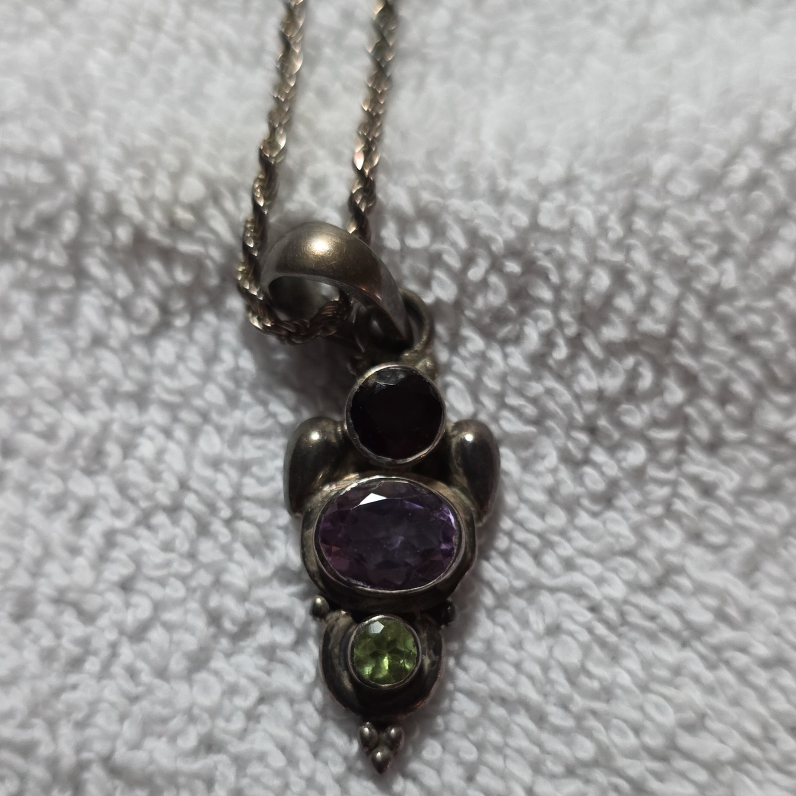 GM Silver Pendant Necklace. Amethyst Garnet Peridot Asymmetrical 18 in Rope
