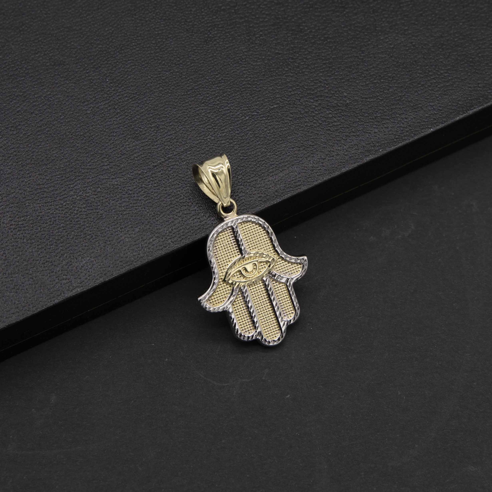 1 1/2″ Diamond-Cut Hamsa Pendant Charm Real 10K Yellow White Gold