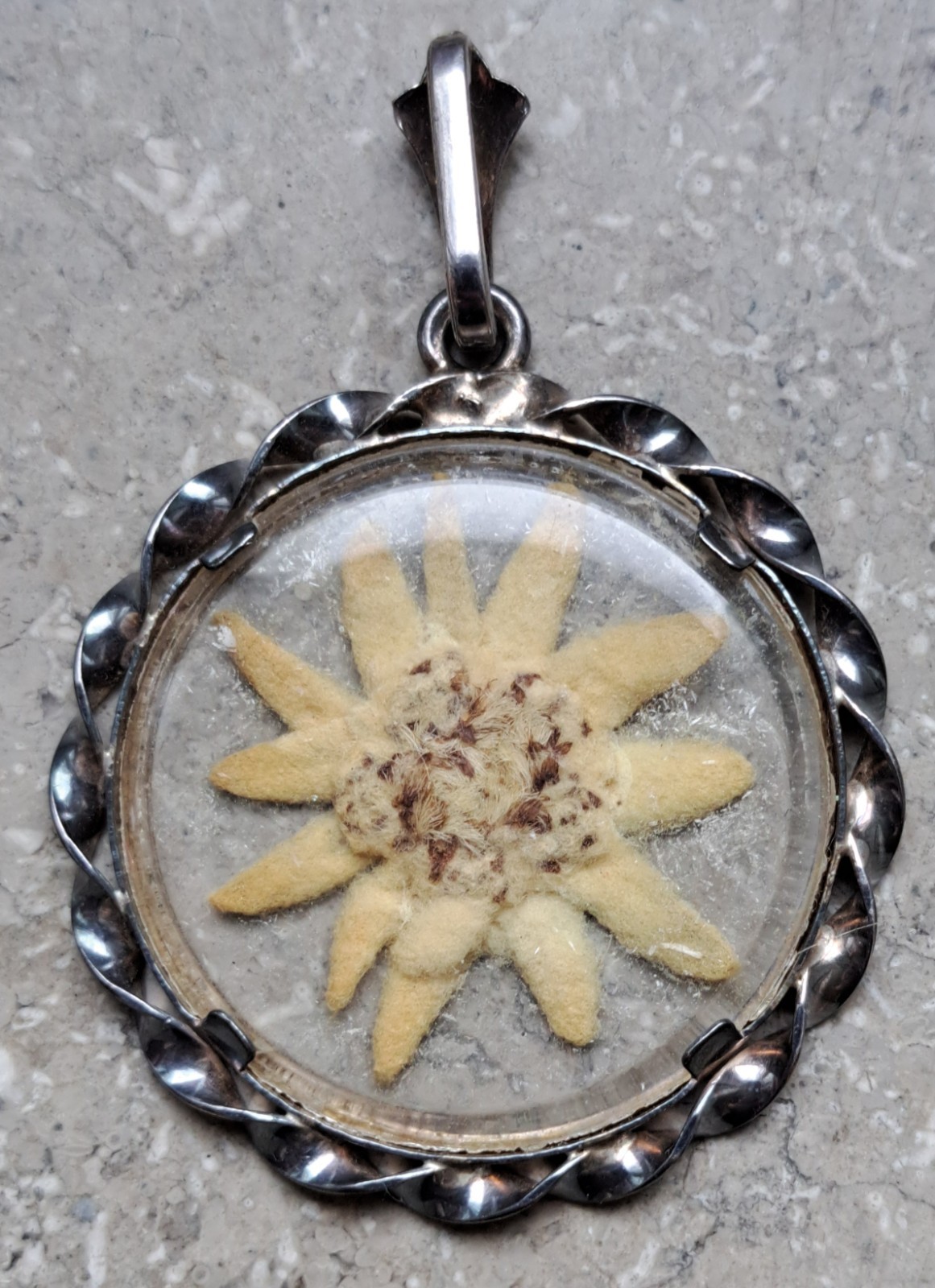 Art Deco Vintage 835 German Silver Glass Edelweiss Flower Necklace Pendant