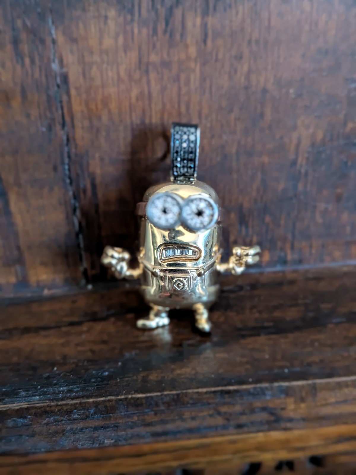 One of a Kind 14k Gold Minion Pendant White & Black Diamond 15.11g