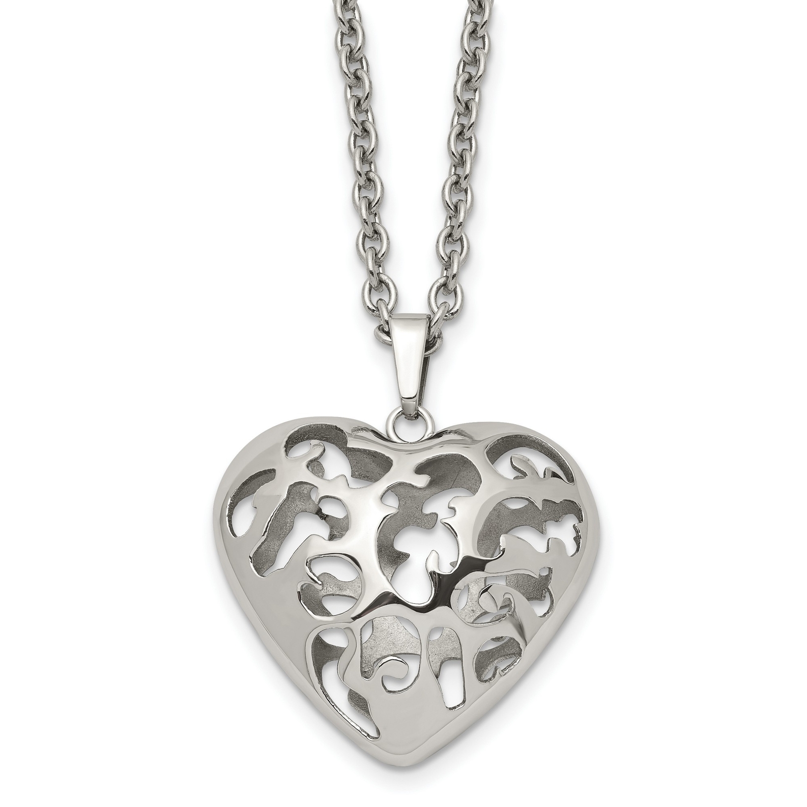 Stainless Steel Puffed Heart 20In Necklace