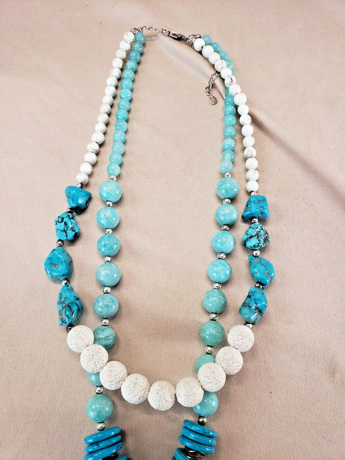Sterling Silver Amazonite Turquoise Lava Bead Howlite Pendant Necklace S925