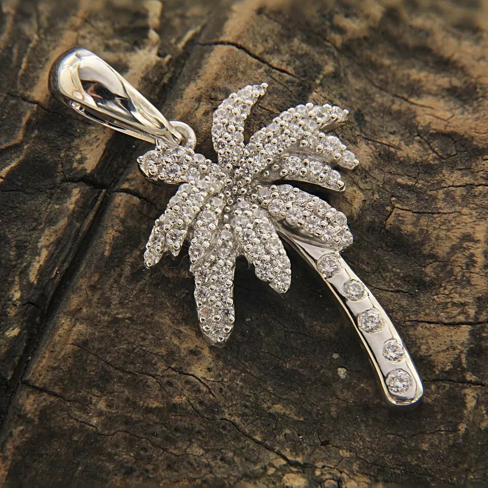 1.50CT Real Moissanite Palm Tree Shape Pendant Necklaces 14K White Gold Plated