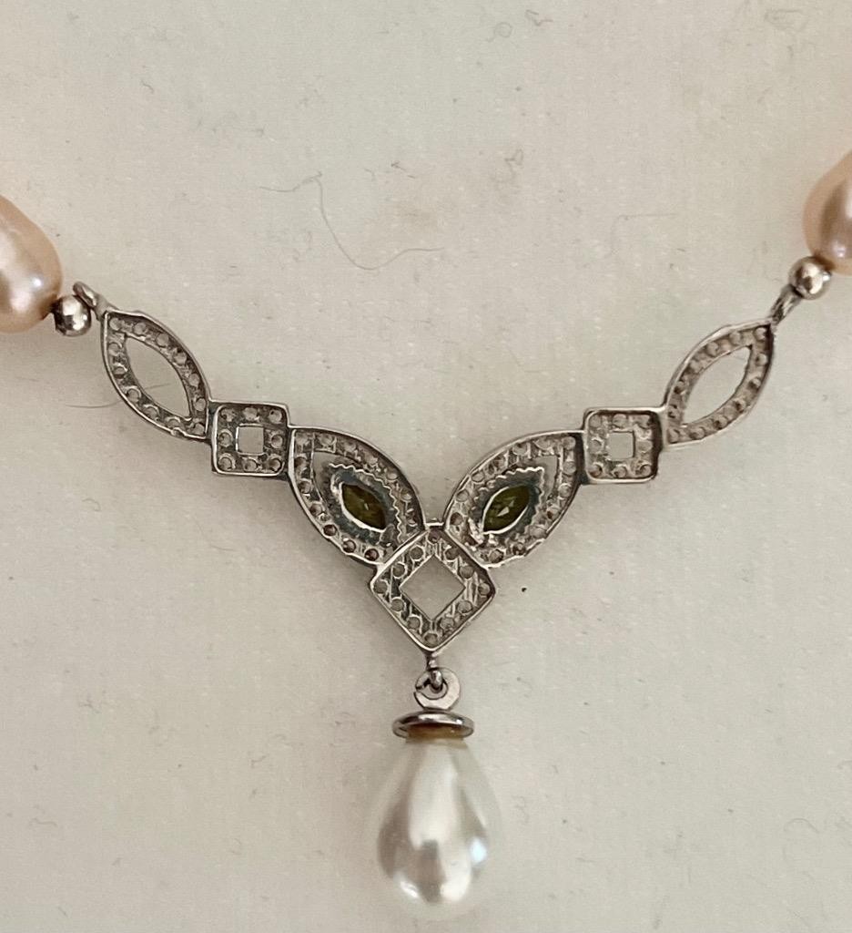 REAL PERIDOT Pearl SAPPHIRE 14K W Gold on SOLID 925 Drop Necklace PINK Victorian
