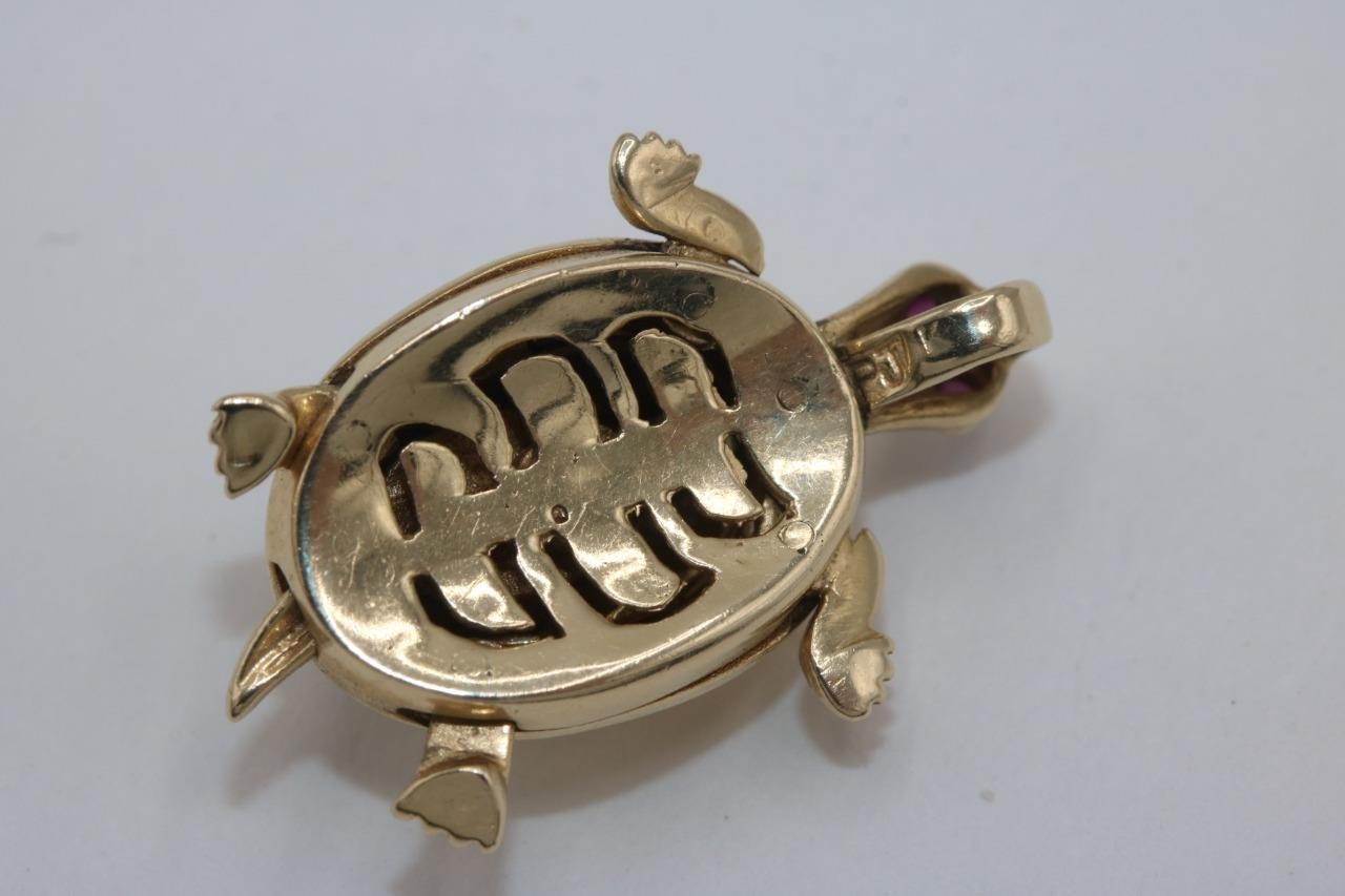 14K Tri Color Gold Turtle Pendant Charm with Red Stones Religious Virgin Mary
