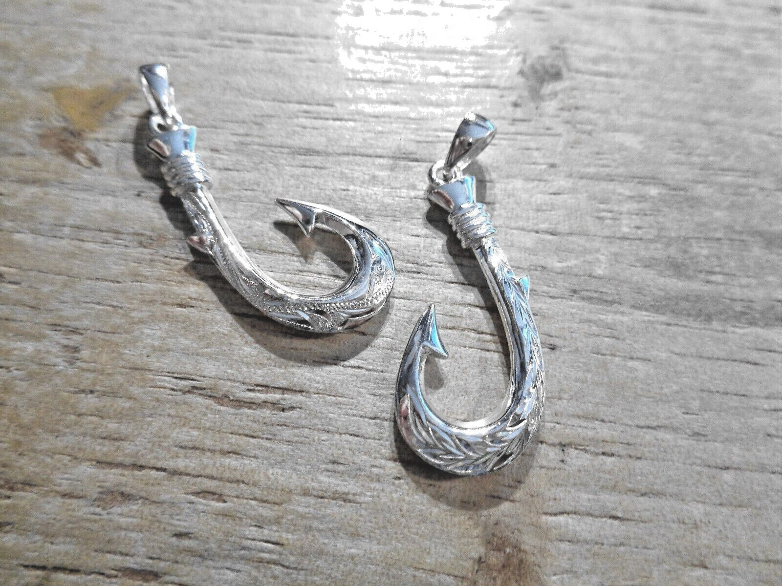 19MM SOLID 925 SILVER 2SIDED ENGRAVED HAWAIIAN SCROLL MAILE FISH HOOK PENDANT #2