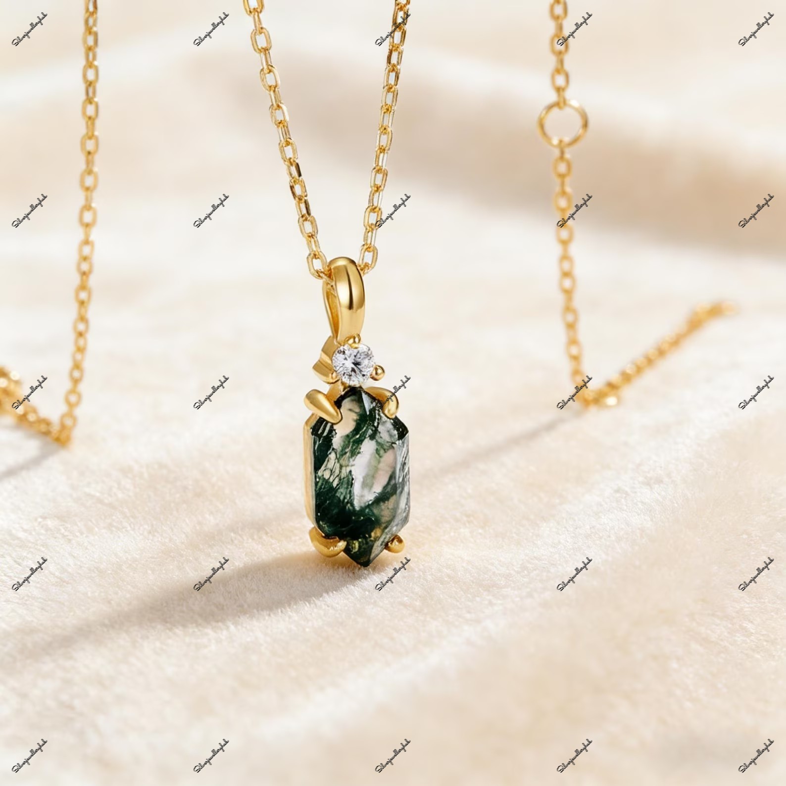 Moss Agate Necklace Long Hexagon Pendant 925 Silver Anniversary Gift for her