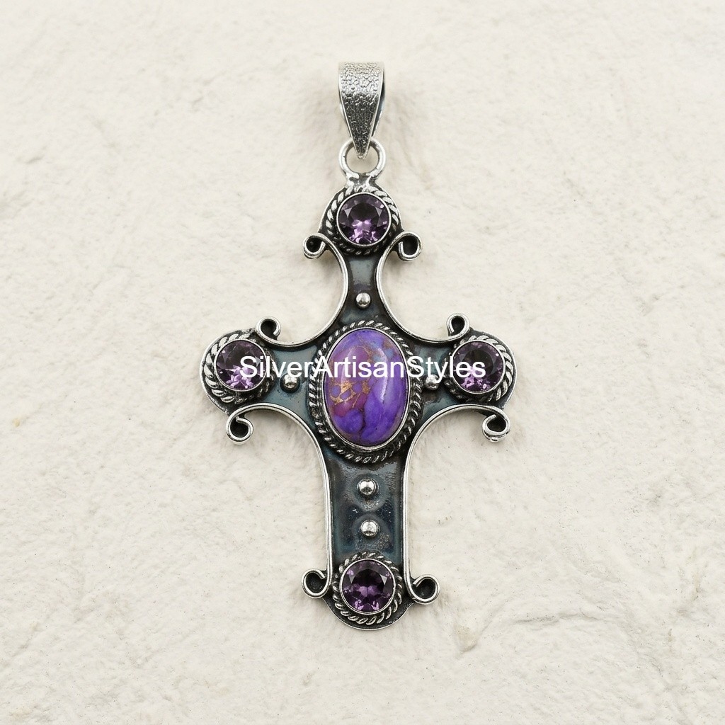 Purple Turquoise, Amethyst Gemstone Handmade 925 Sterling Silver Pendants Gifts