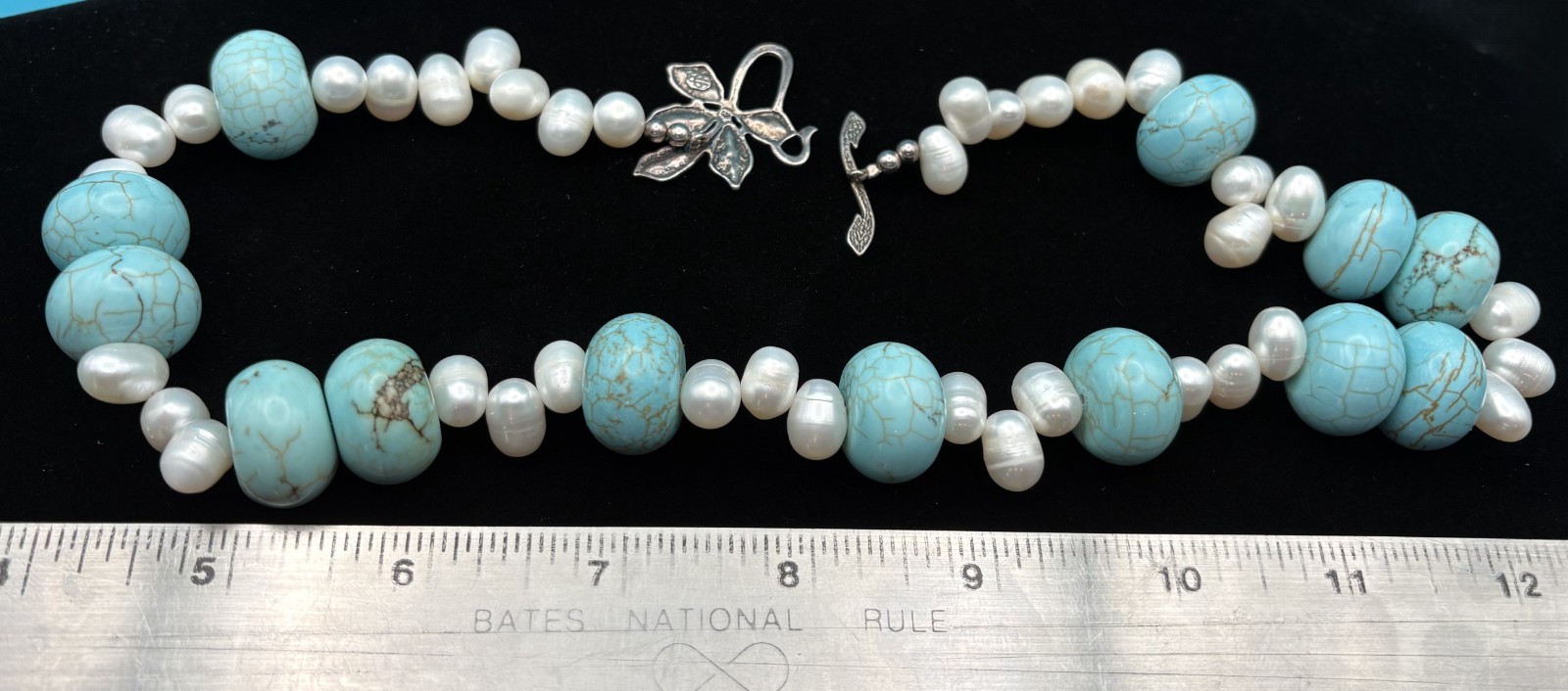 Sweet Romance Freshwater Pearl Turquoise Bead Necklace 925 Sterling Clasp