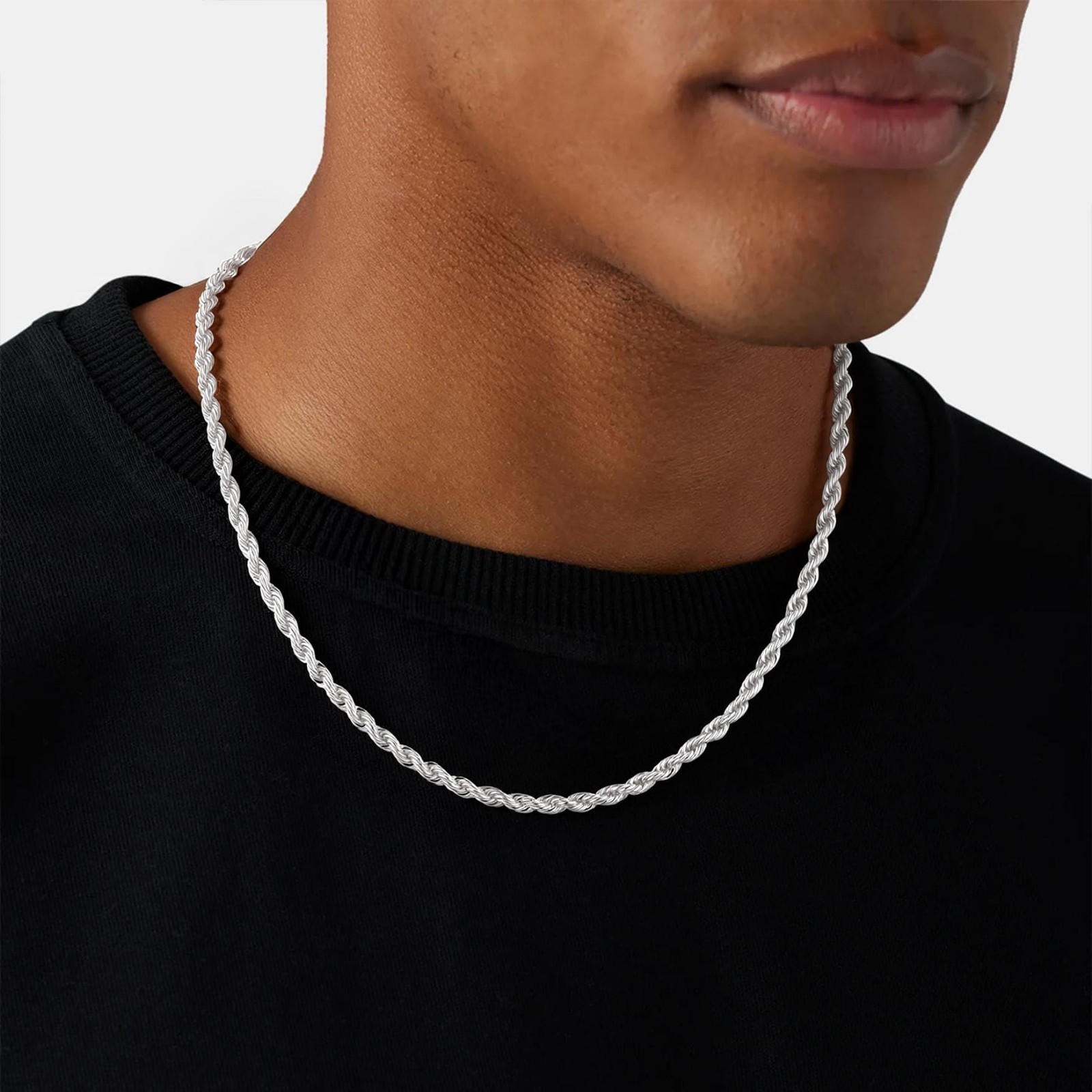 925 Sterling Silver Rope Chain Necklace for Men – Diamond-Cut Braided Jewelry 18