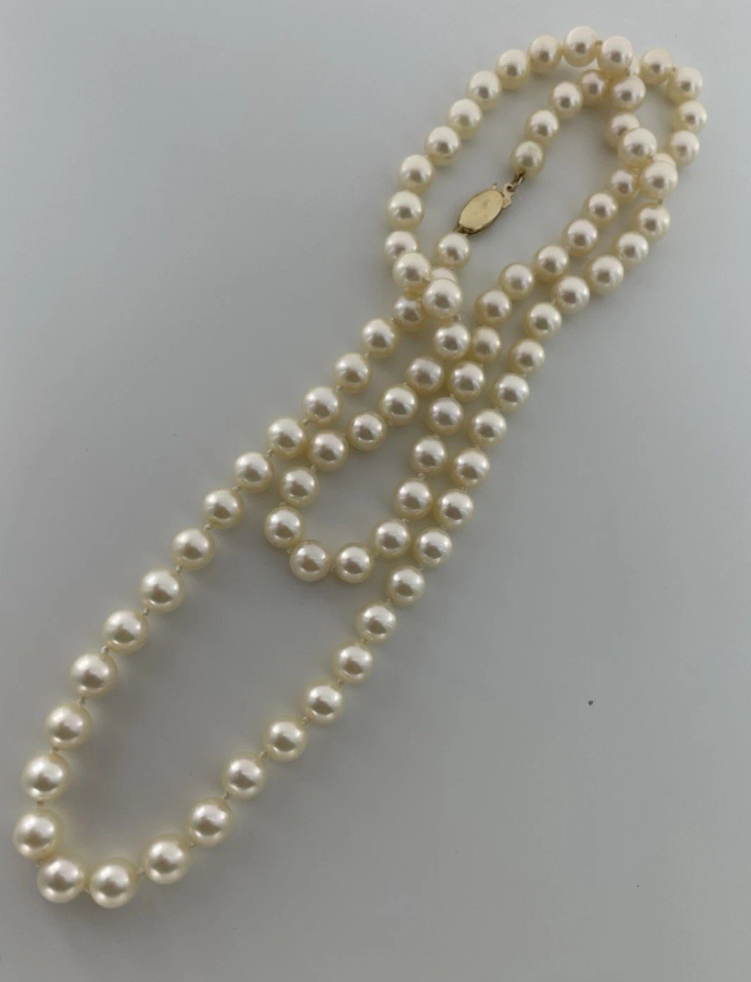 6.5-7mm Akoya Pearl Necklace – 14k Clasp – 25” Matinee Length – Restrung