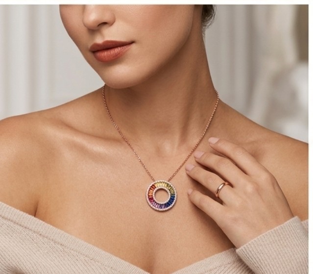 Multicolor Rainbow Sapphire Circle Pendant Necklace 14k Rose Gold Finish Jewelry