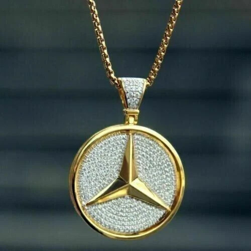 2 Ct Round Lab-Created Mercedes Pendant With Free Chain 14K Yellow Gold Plated