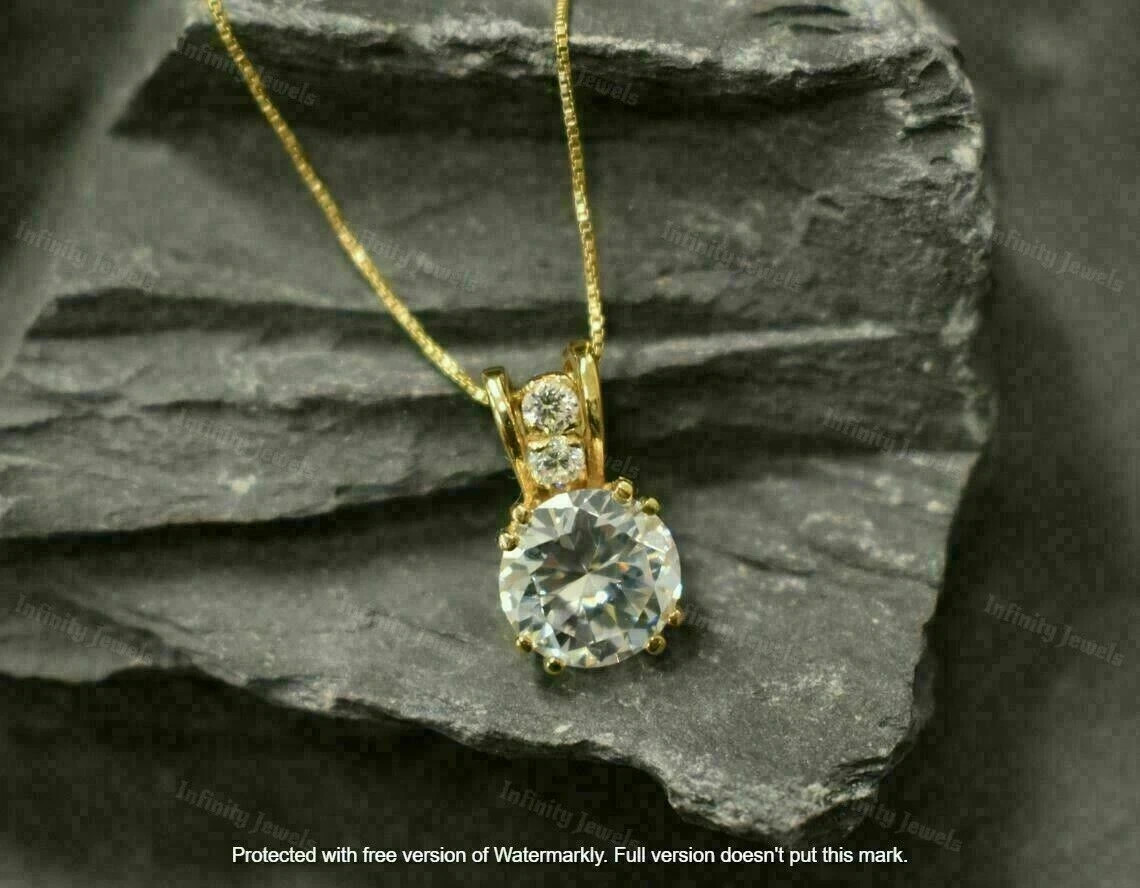 2Ct Round Cut VVS1/D Diamond Solitaire Pendant 14K Yellow Gold Finish Free Chain