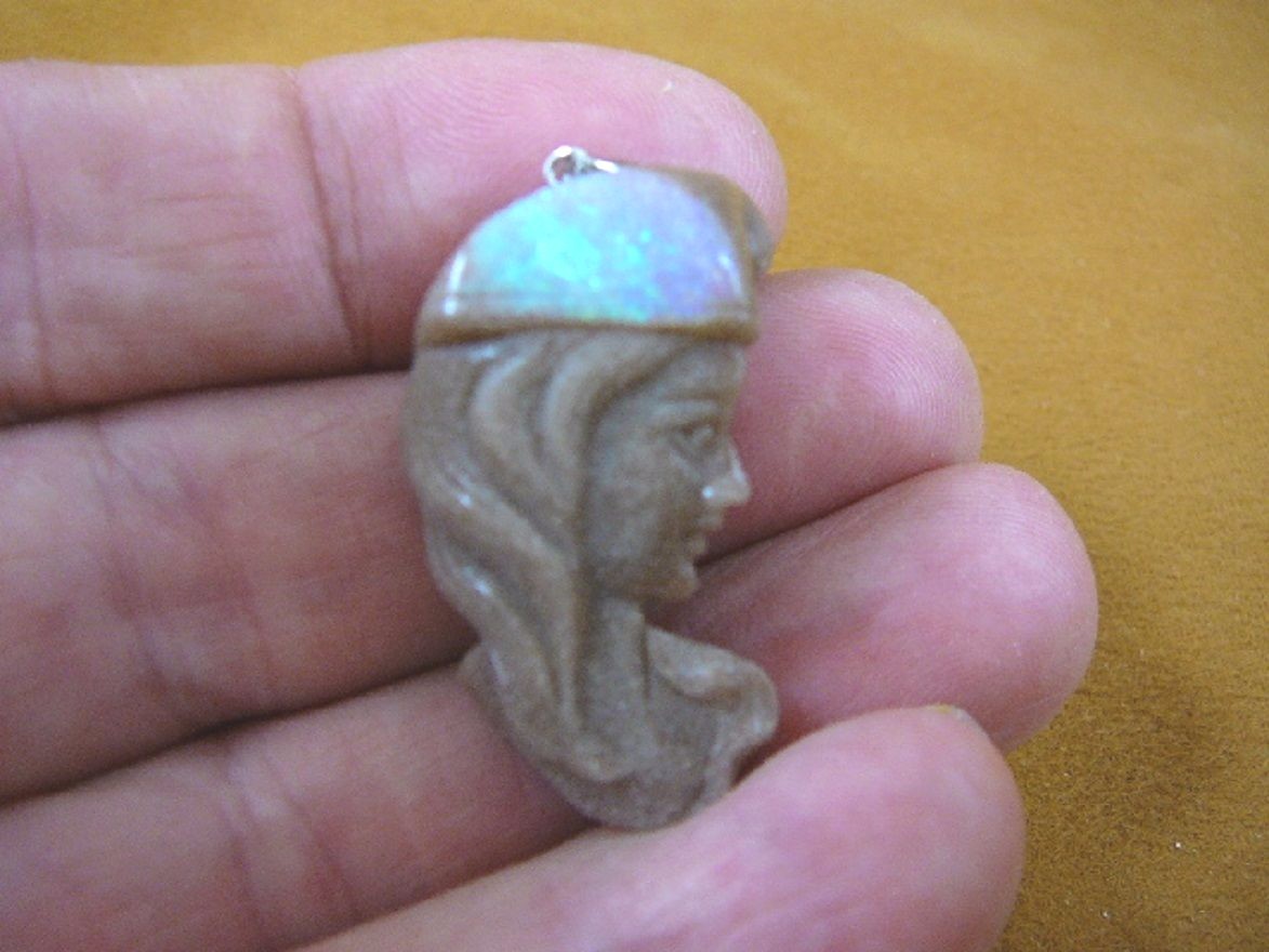 (O-150) Woman Cameo + green blue white Yowah Opal hat PENDANT Australia