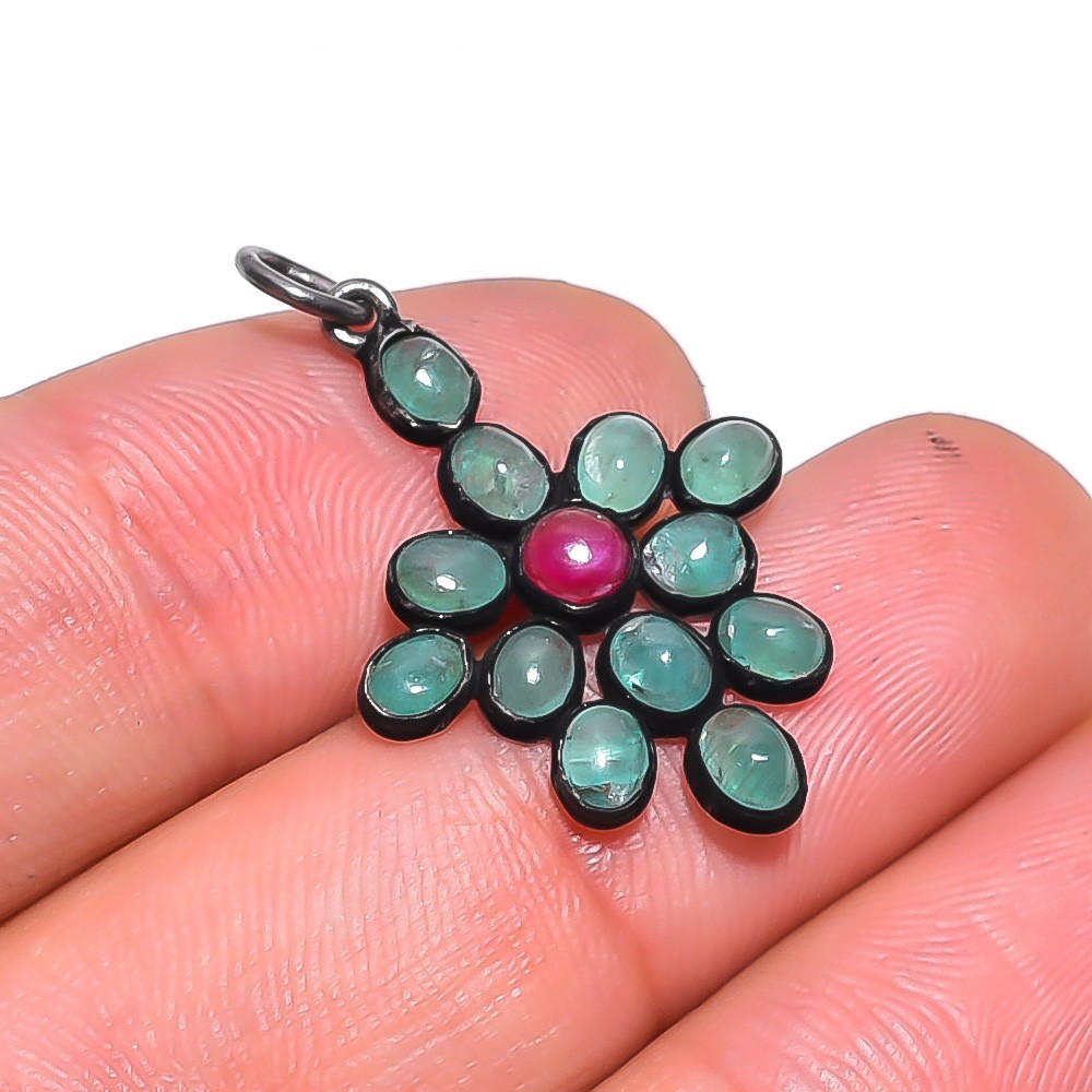 AAA Emerald Ruby Gemstone Ethnic Style 925 Sterling Silver Pendant 1.2″ P-358