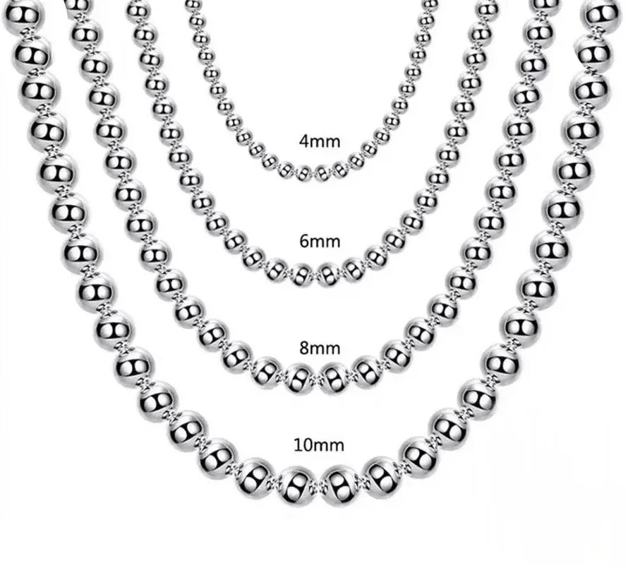 925 Sterling Silver Smooth Beads Ball Chain Necklace 4MM/6MM/8MM/10MM Jewelry