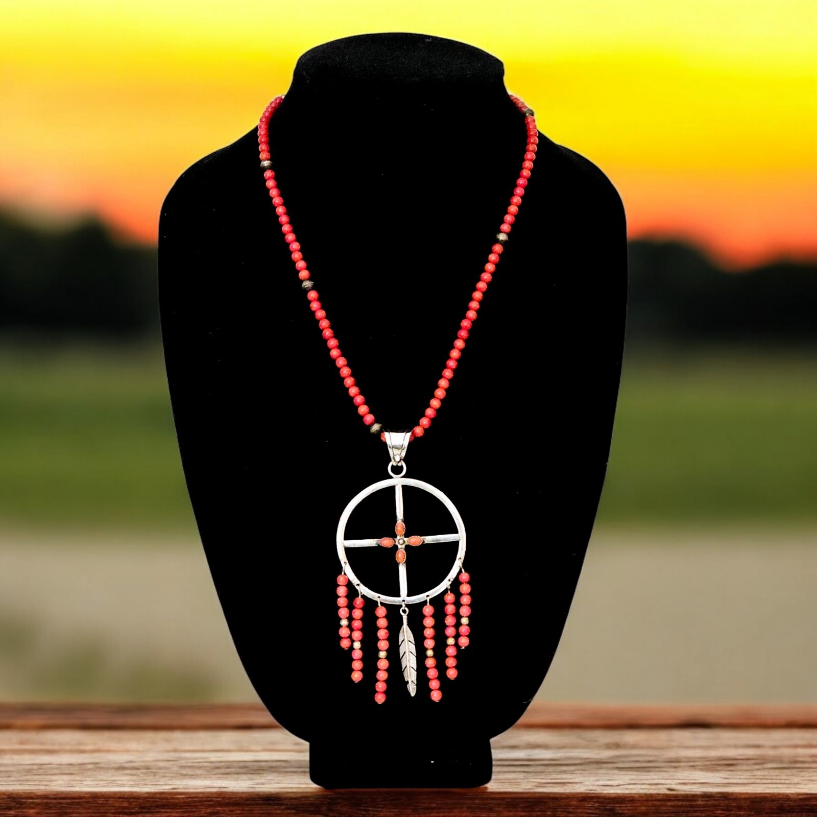 SOUTHWEST Necklace Dreamcatcher 925 Sterling Silver Coral Bead Chain Signed B