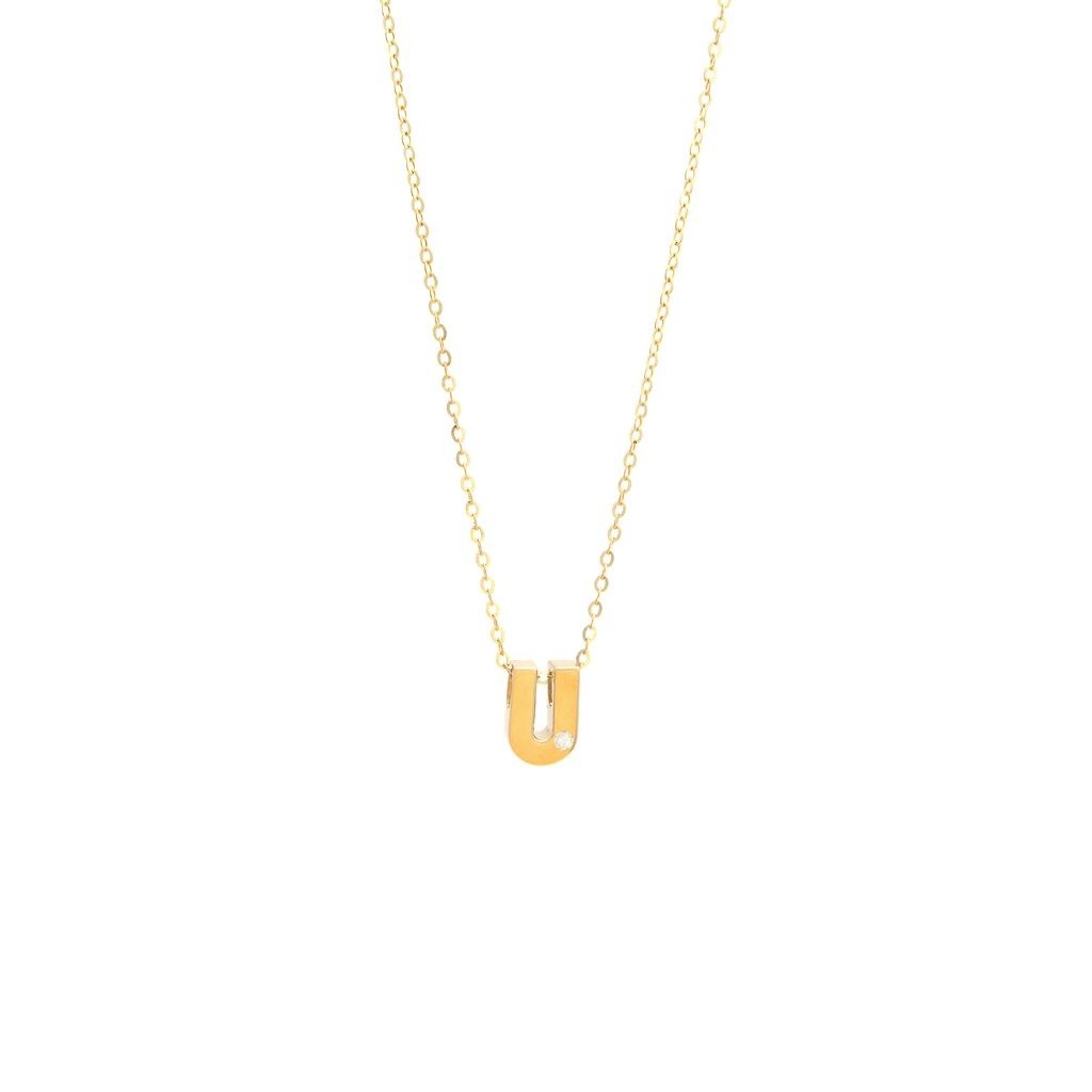 14K Yellow Gold Diamond U Initial Letter Minimalist Necklace 16″-18″