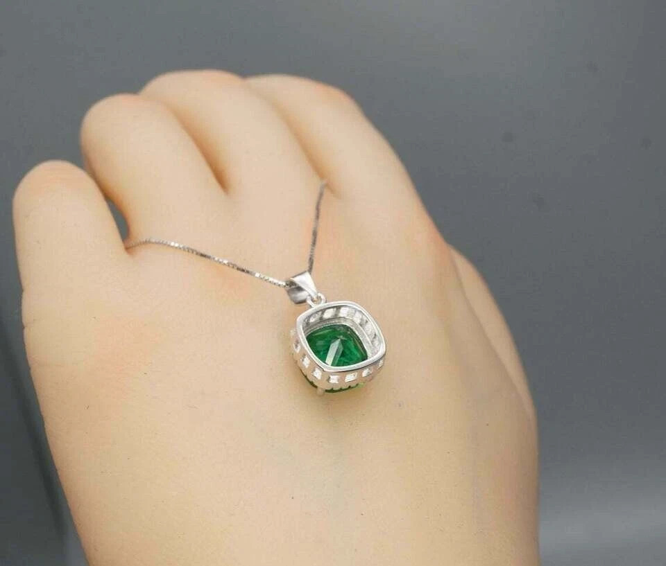 2Ct Cushion Cut Green Emerald Diamond Halo Pendant 14K White Gold GP Free Chain