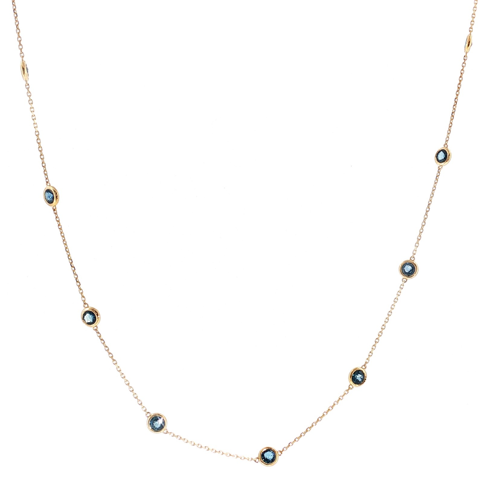 14K Yellow Gold Blue Sapphire Necklace Diamonds by Yard Style 2.95ct 10pcs
